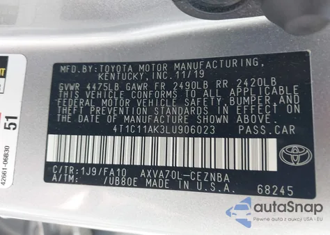 2020 Toyota Camry Le из США, поврежденный, VIN 4T1C11AK3LU906023